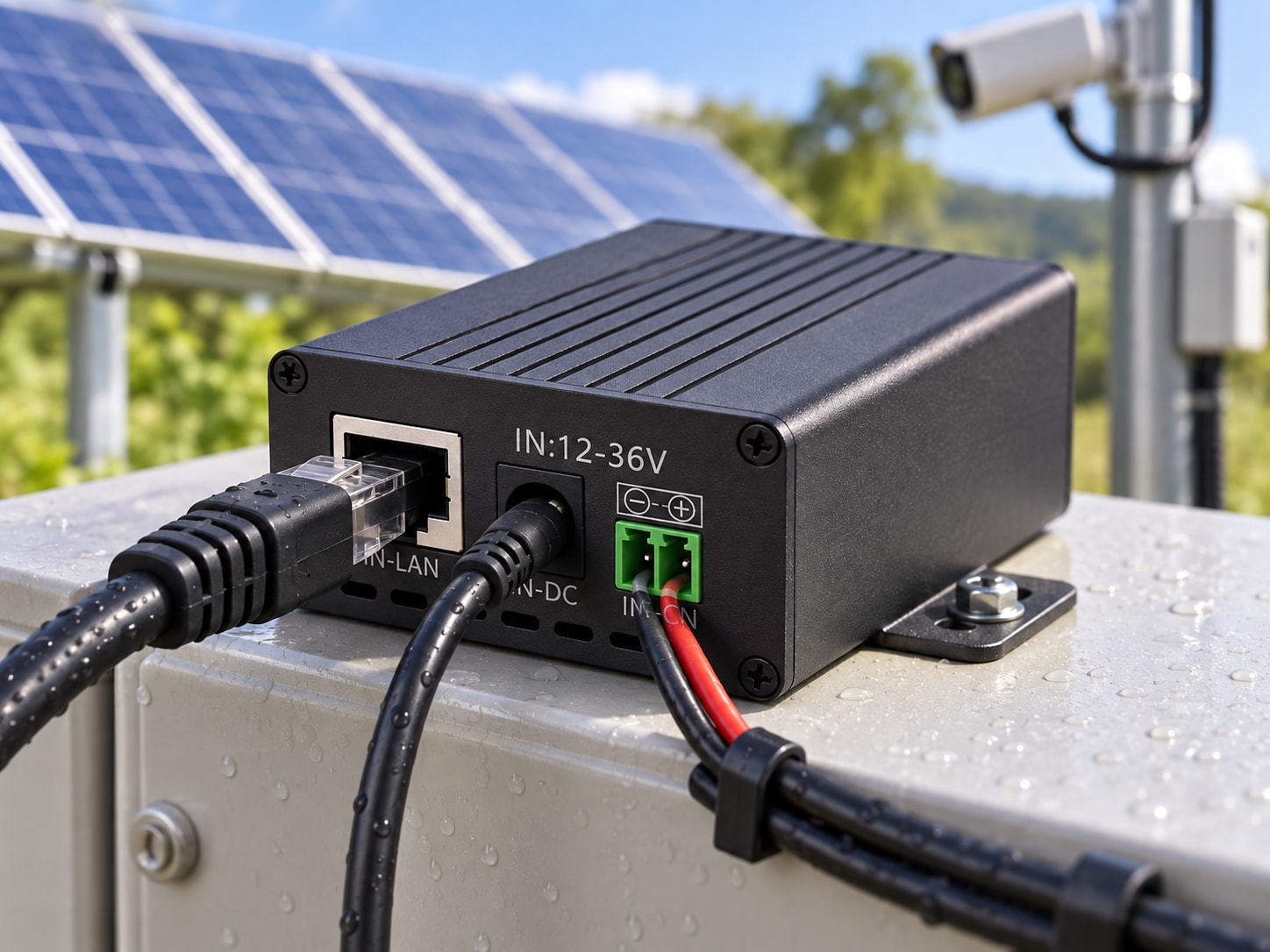 Maxsol POE24V DC-naar-PoE-converter met lcd-spanningsweergave en Gigabit Ethernet-aansluitingen