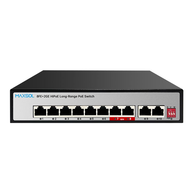Maxsol PS1802GE long-range PoE-switch met acht PoE-poorten en twee Gigabit-uplinkpoorten