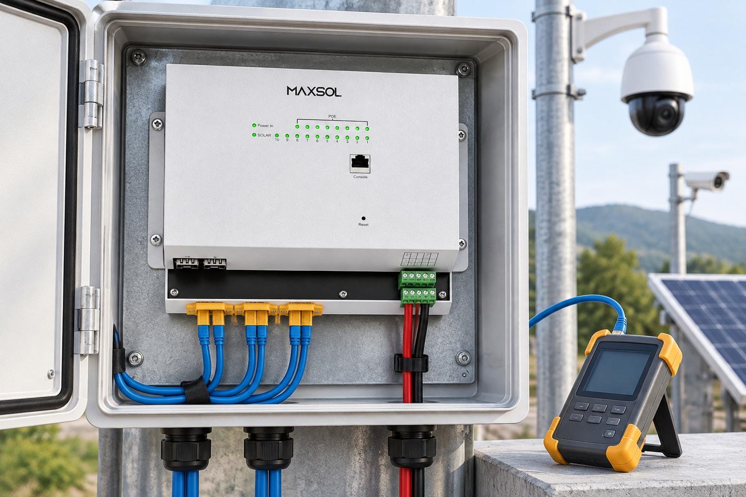 Productweergave van de Maxsol IOT2802SFG-S solar industriële PoE-switch