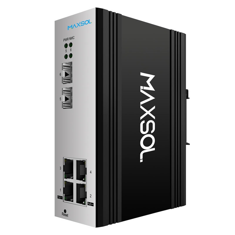 Maxsol PS2402SFG-I-BT industriële PoE-switch met vier Gigabit PoE-poorten en twee SFP-poorten
