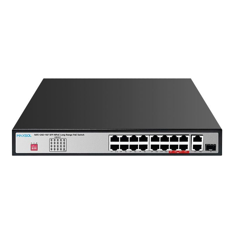 Maxsol PS11602FE PoE-switch met 16 Fast Ethernet PoE-poorten, koperuplinks en een Gigabit SFP-uplink