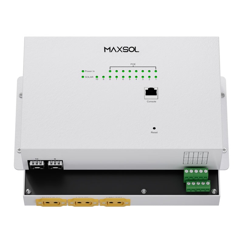 Maxsol industriële PoE-switch met aansluitingen voor netwerk-, voedings- en glasvezelverbindingen