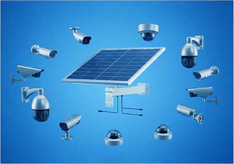 Zonne-energiesysteem omringd door compatibele buitencamera's