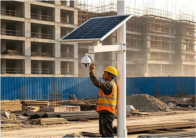 Installatie van camerabewaking op zonne-energie op een bouwplaats
